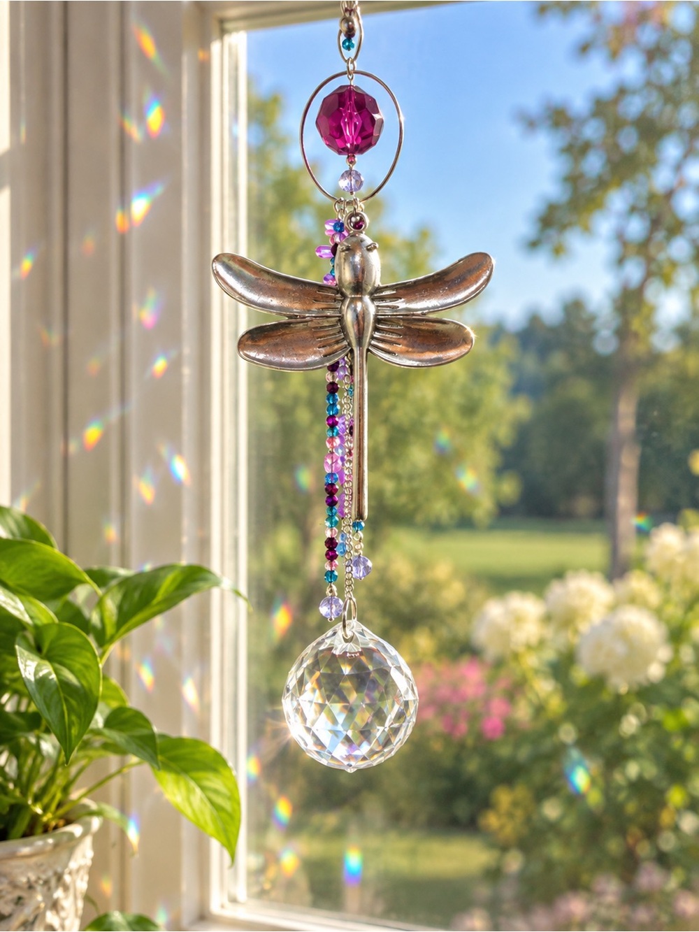 Dragonfly Sun Catcher With Crystal Prism & Colorful Beads Handmade Window Charm